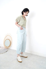 Green v neck blouse in elastic sleeves