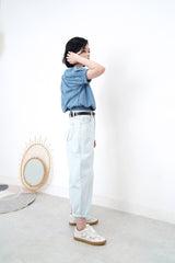 Blue string blouse w/ elastic waist hem