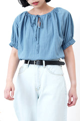 Blue string blouse w/ elastic waist hem