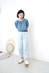 Blue string blouse w/ elastic waist hem