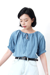Blue string blouse w/ elastic waist hem