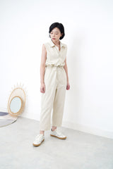 Beige overall w/ frill waist details