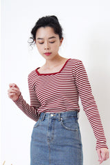Red stripes top in asymmetric collar