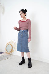 Red stripes top in asymmetric collar