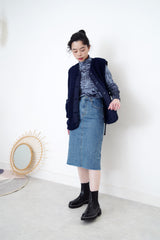 Grey blue velvet top in wrinkle texture