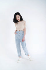 Light wash out blue mom jeans in vintage style