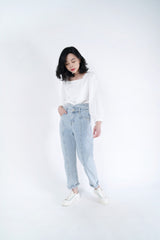 Light wash out blue mom jeans in vintage style