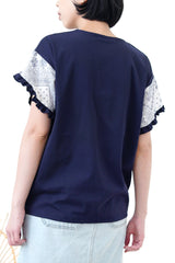 Navy top w/ printed petal sleeves