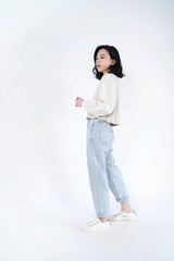 Light wash out blue mom jeans in vintage style