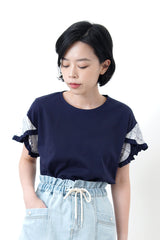 Navy top w/ printed petal sleeves