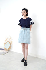 Navy top w/ printed petal sleeves
