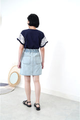 Navy top w/ printed petal sleeves