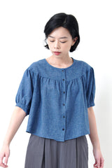 Blue linen smock top
