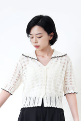 Ivory crochet cardi w/ contrast fringe