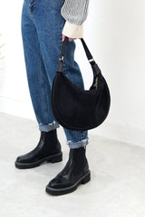 Black suede dumpling shoulder bag