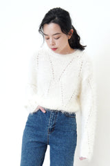 Ivory fluffy knit top in crochet detail