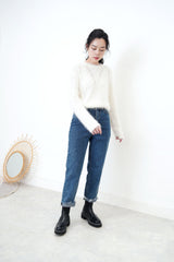 Ivory fluffy knit top in crochet detail