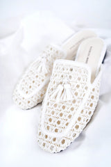 White crochet backless flat mules