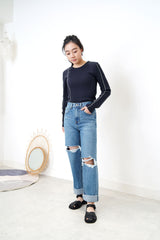 Navy stripes texture top w/ contrast lines