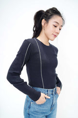 Navy stripes texture top w/ contrast lines