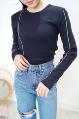 Navy stripes texture top w/ contrast lines