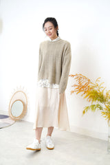 Ivory texture satin dress w/ waist string