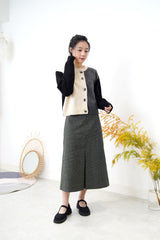Grey tone patchwork cardigan in detail buttons