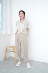 Oatmeal v neck blouse w/ tie waist details