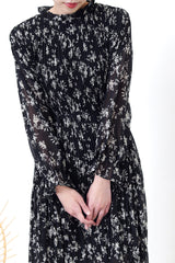 Black floral chiffon dress in pleats