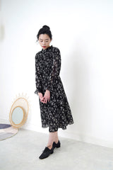 Black floral chiffon dress in pleats