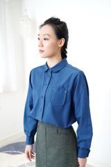 Cyan round collar shirt w/ detail pocket