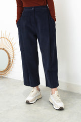Navy corduroy trousers in pleats