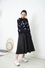 Navy floral wool cardigan in round collar