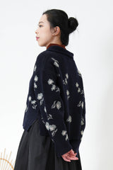 Navy floral wool cardigan in round collar