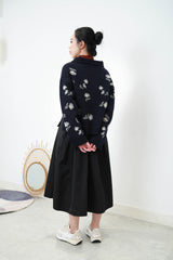 Navy floral wool cardigan in round collar