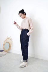 Dusty pink blouse in detail tie neck stand collar