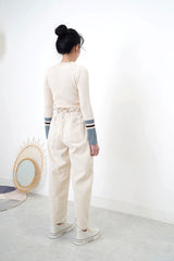 Ivory mom jeans in elastic ruffle waistband