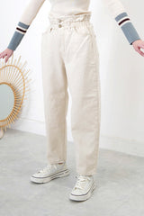 Ivory mom jeans in elastic ruffle waistband