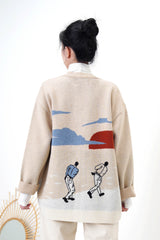 Beige wool oversized cardigan in painting