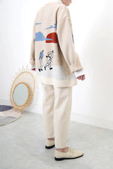 Beige wool oversized cardigan in painting