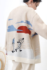 Beige wool oversized cardigan in painting