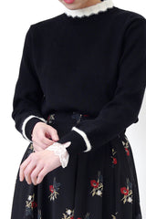 B/W stand collar sweater w/ lace cuff