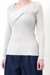 Grey knit top in overlay wrap style