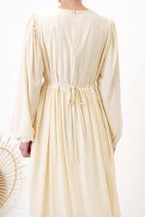Cream tie waist dress in gather details
