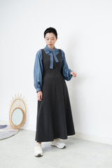 Grey blue satin shirt w/ neck straps