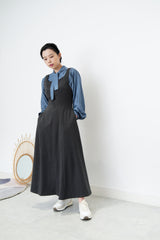 Grey blue satin shirt w/ neck straps