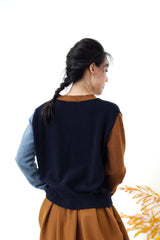 Patchwork contrast color wool cardigan