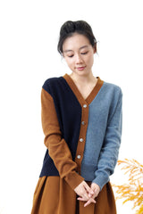 Patchwork contrast color wool cardigan