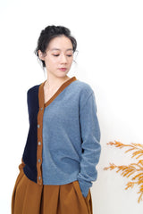 Patchwork contrast color wool cardigan