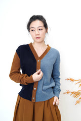 Patchwork contrast color wool cardigan